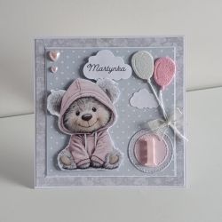 Kartka na roczek urodziny miś z balonikami