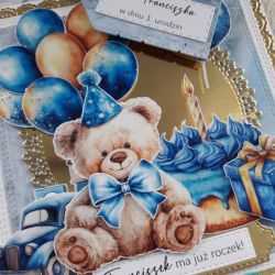 Kartka na roczek dla chłopca z misiem 2, personalizacja