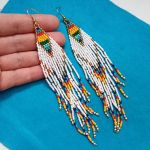 Kolczyki z koralików Bardzo Długie indiańskie BOHO chwosty białe kolorowe - 