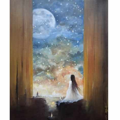 Oczekiwanie, ręcznie malowany obraz olejny na płotnie