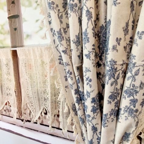 Zasłona lniana kwiaty blue jeans boho z frędzlami tunel 150/160cm