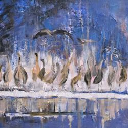 Żurawie manewry,  obraz akrylowy na płótnie 70x50x1cm 