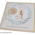 Pamiątka I Komunii Świętej - Chłopiec  - Kartka z figurką i IHS