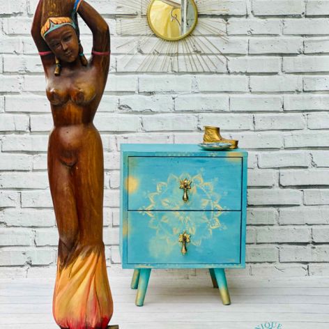 Turkusowa szafka z mandalą, orientalna, ciekawe uchwyty, wysyłka