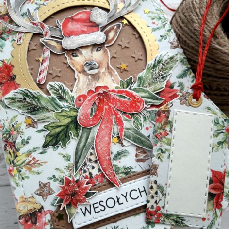 Kartka świąteczna z jeleniem w czapce Mikołaja