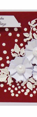 Kartka ślubna białe kwiaty na bordowym tle
