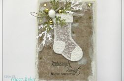 Zaśnieżona kartka świąteczna ze skarpetą