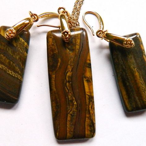 Brązowe Tygrysie Oko - elegancki zestaw biżuterii w złocie