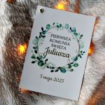 Zaproszenie na I Komunię Świętą - Eukaliptus - eleganckie zaproszenia na pierwszą komunię świętą eukaliptus zaproszenia komunijne ze złotym nitem komunia dziewczynki chłopca