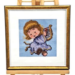 Ręcznie Haftowany Obrazek Aniołek z Harfą 24x24 cm w Ramce