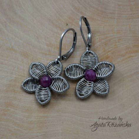 KWIATY kolczyki rubin, wire wrapping