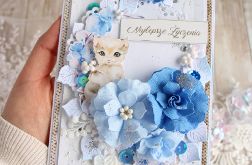 Kartka urodzinowa z kotkiem i kwiatami GOTOWA