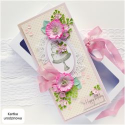 Kartka urodzinowa z tortem i kwiatami