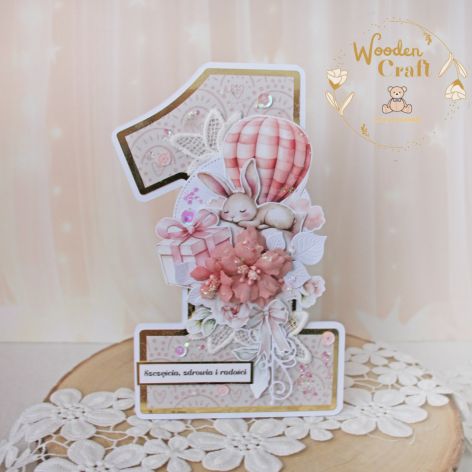 Kartka cyferka na roczek "Baby Bunny" GOTOWA