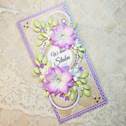 Kartka z okazji ślubu fioletowo beżowa ze srebrnymi akcentami
