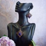 Wiktoriański miedziany zestaw - kolczyki i wisiorek z fioletowym agatem #S6 - 