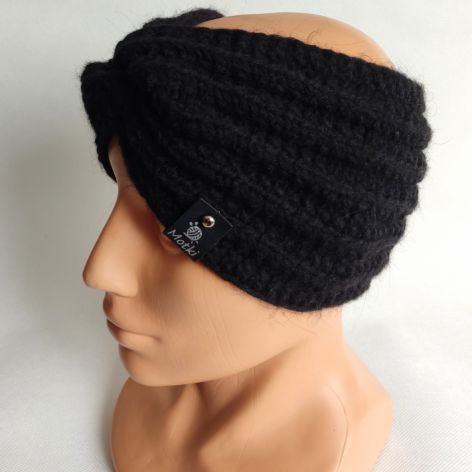 Opaska ręcznie robiona na drutach, czarna.