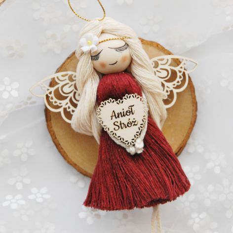 Makramowy Anioł Stróż - burgundowy aniołek