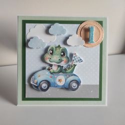 Kartka urodzinowa na roczek krokodyl w aucie 