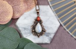 Miedziany ozdobny wisiorek z kamieniem księżycowym i koralem #547