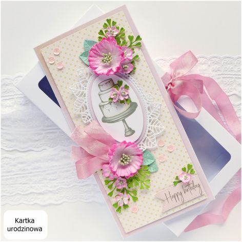 Kartka urodzinowa z tortem i kwiatami
