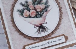 Kartka urodzinowa (lub na inną okazję) z zimowymi różami i gałązkami świerku