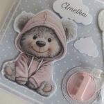 Personalizowana kartka na Roczek urodziny ręcznie robiona miś róż - Personalizowana kartka na Roczek urodziny ręcznie robiona miś róż