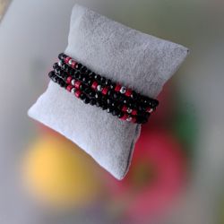 Bransoletka Boho Sznurek Czarne Kryształki Koral Czerwony 2456-2 