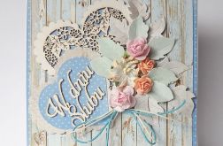 Kartka ślubna z sercem niebieska