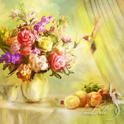 Obraz - Letni powiew - płótno, owoce, kwiaty