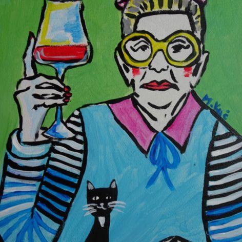 kolorowy obraz do salonu babcia z lampką wina 
