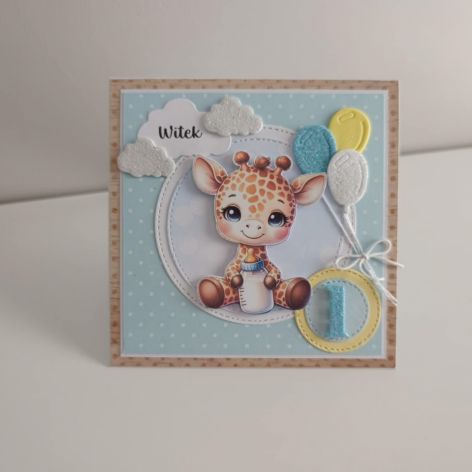Kartka na roczek urodziny żyrafa z balonikami