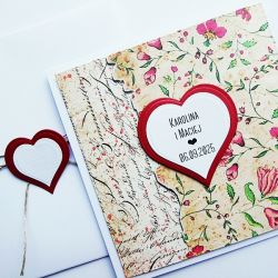 Kartka na ślub z czerwonymi kwiatami retro 