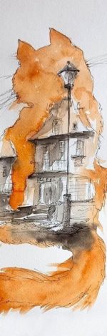 "Home" akwarela artystki Adriany Laube - obraz A3, kot, kamieniczka