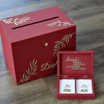 Skrzynka na koperty pudełko na obrączki Bordo - Pudełko na obrączki ślubne bordowo złote, skrzynka na koperty, komplet pudełek ślubnych glamour