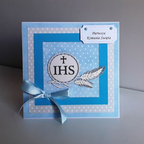 Kartka Komunia Święta niebieska IHS
