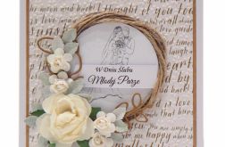 Kartka ślubna wianek z różami - złote napisy