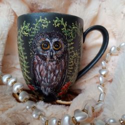 Ręcznie malowana sówka i runo leśne kubek 400 ml.