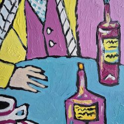 obraz olejny wieczór przy niebieskim stole