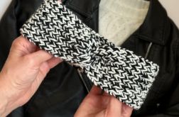 Wełniana opaska twist na głowę 100% merino - czarno-biała