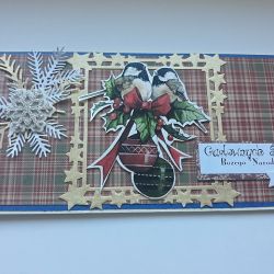 Kartka Boże Narodzenie, z ptaszkami i  z kieszonką w środku