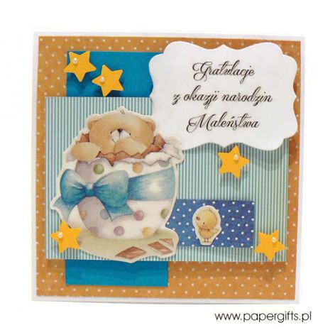 Kartka gratulacje z narodzin mały miś w jaju