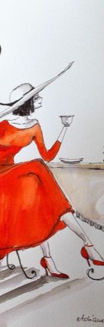 Akwarela "Dama z kotem" - obraz Vintage