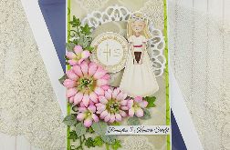 Kartka komunijna dla dziewczynki z różowymi kwiatkami