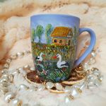 Ręcznie malowany wiejski kubek z bocianami 300 ml. - Ręcznie malowany