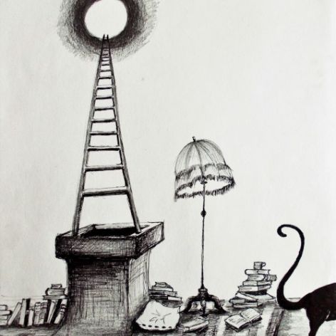 Rysunek piórkiem "Koci świat"