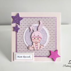Kartka na roczekdls dziewczynki króliczek gwiazdki