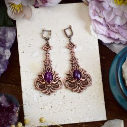 Wiktoriańskie miedziane wiszące kolczyki z kamieniem / fioletowy jadeit #S4