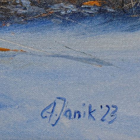 Droga przez śniegi, obraz olejny, A. Janik