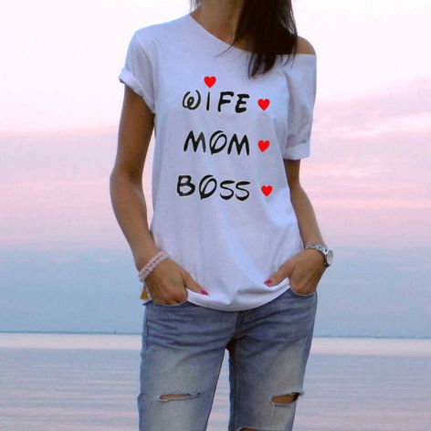 t-shirt luźny "WIFE, MOM, BOSS"